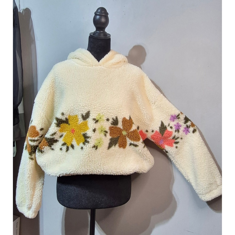 O'Neill Womens Floral Sherpa Cropped Hoodie Cream Fleece Pullover XS